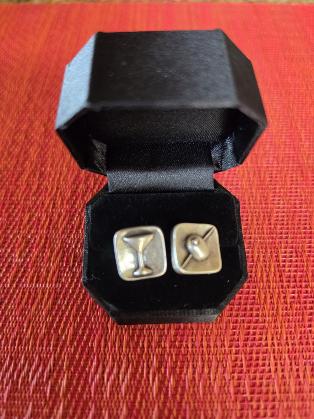 Vintage Brushed Silver Tone Martini & Olive Cufflinks - EUC